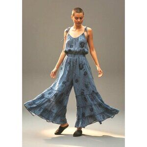 Angie Blue Floral Embroidered Boho Jumpsuit Smocked Wide Leg M Beach Nomad